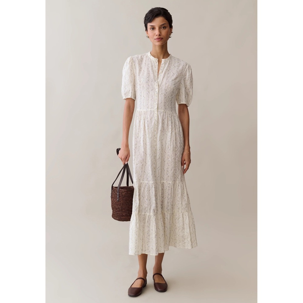 Sorella Jaz Cotton Floral Swiss Dot Tiered Midi Dress Cream Blue Size Medium